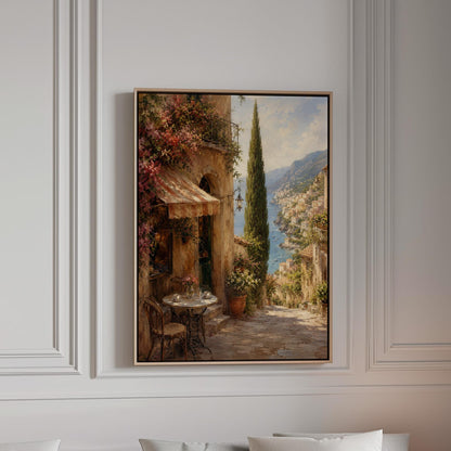 Italian village cafe painting with striped awning and coastal view, canvas print in a bright room with natural daylight