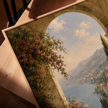 Mediterranean coastline seen through an old stone arch, canvas print in a warm, minimally styled interior