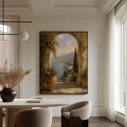 Mediterranean coastline seen through an old stone arch, canvas wall art presented in a light, minimal room