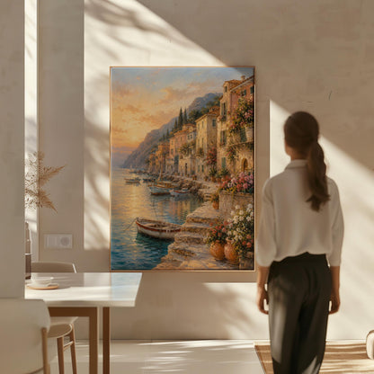 Italian harbor at sunset with fishing boats and flowers, canvas print presented in a light, minimal room