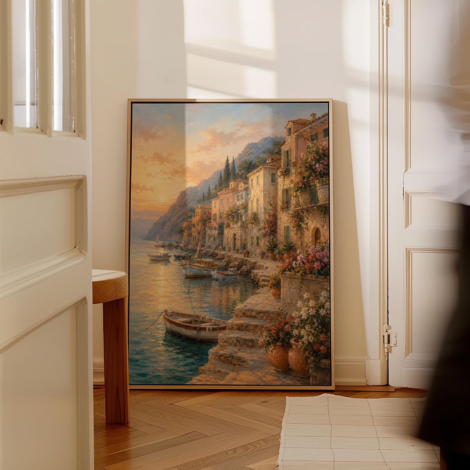 Italian harbor at sunset with fishing boats and flowers, canvas wall art hanging in a calm, modern living space