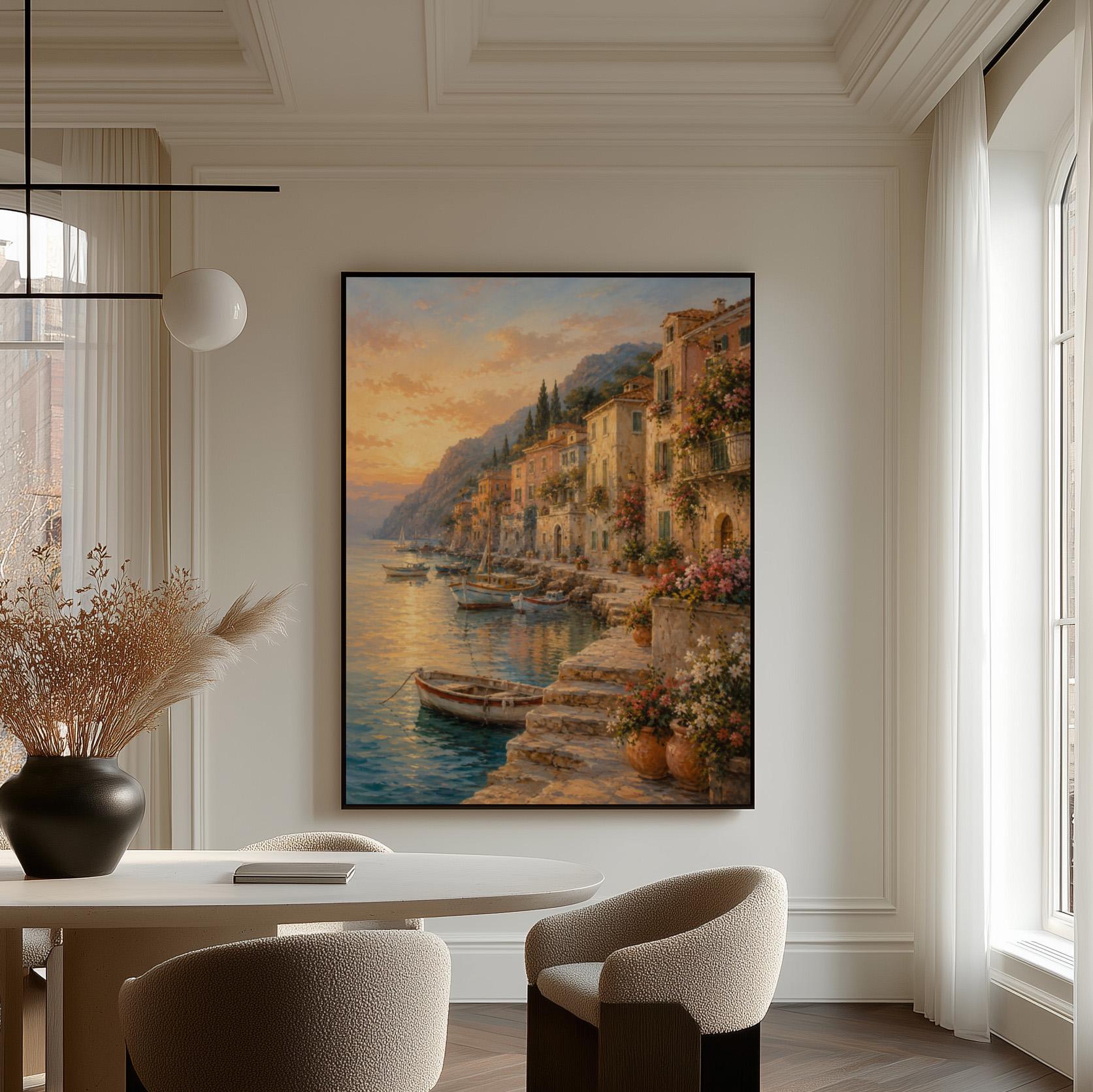 Italian harbor at sunset with fishing boats and flowers, canvas wall art styled against a soft white wall
