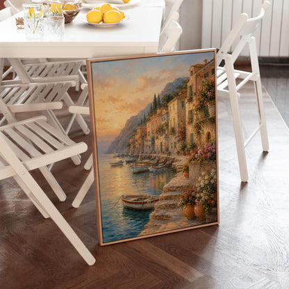 Italian harbor at sunset with fishing boats and flowers, canvas wall art seen in a warm interior with natural light