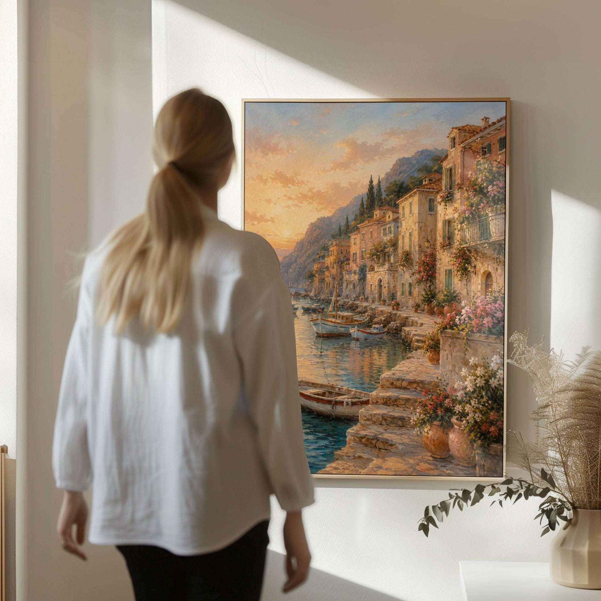Italian harbor at sunset with fishing boats and flowers, canvas wall art presented in a light, minimal room