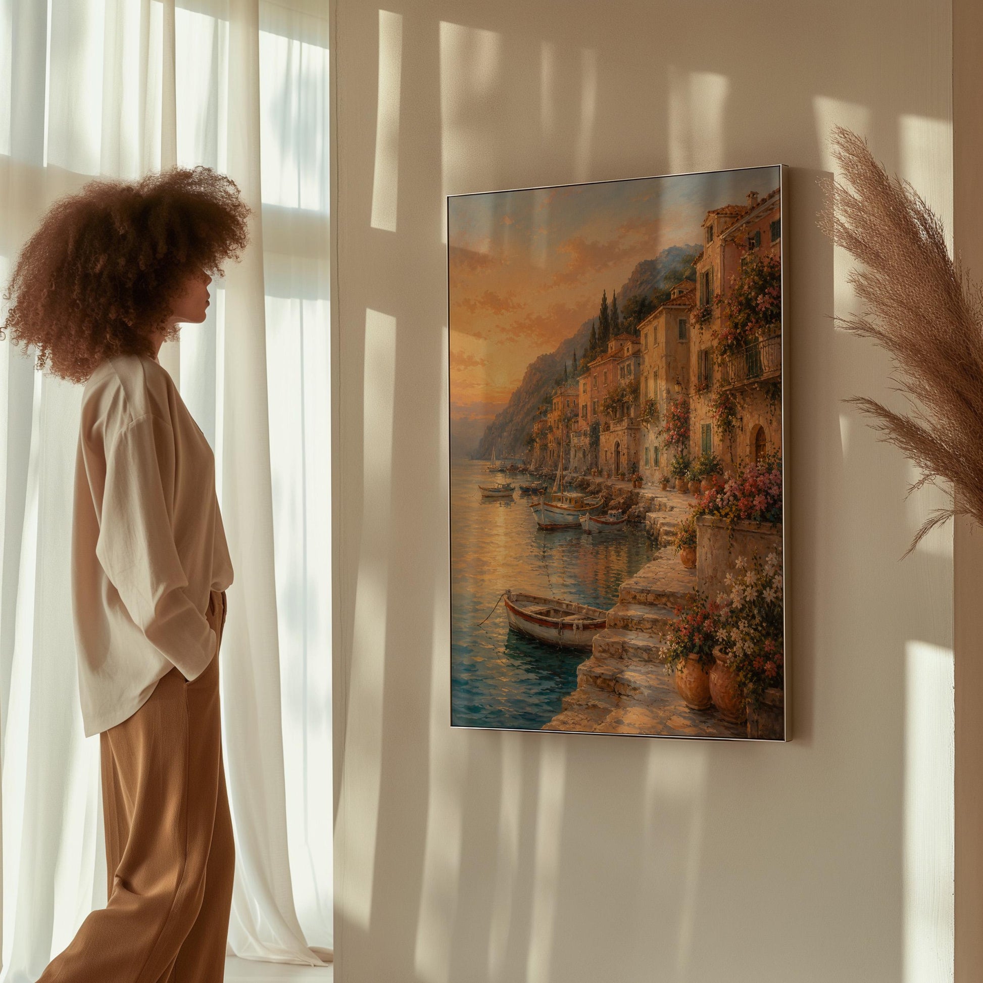 Italian harbor at sunset with fishing boats and flowers, canvas wall art on a quiet wall in a considered interior