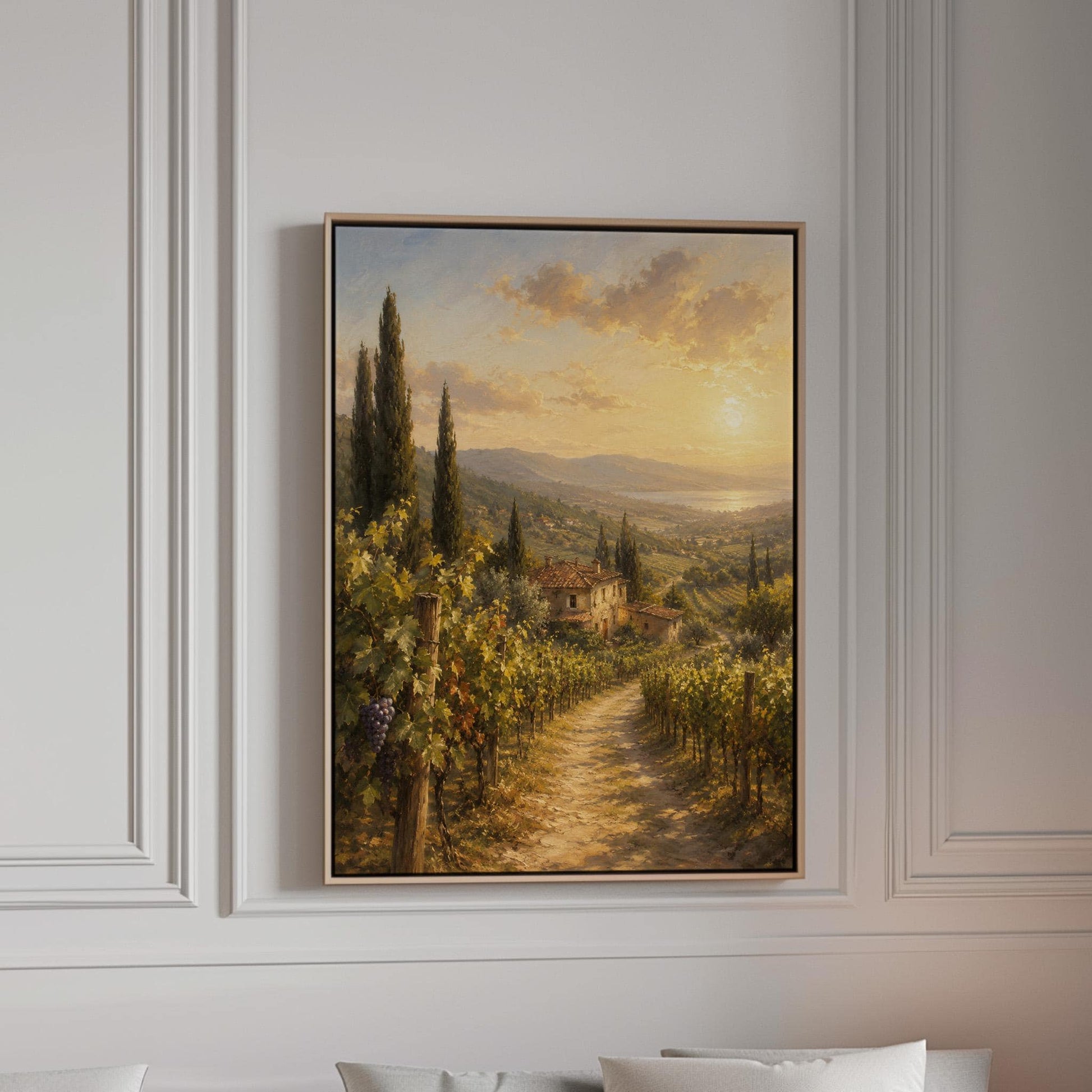 Tuscan vineyard at sunset with a stone farmhouse, canvas print in a bright room with natural daylight
