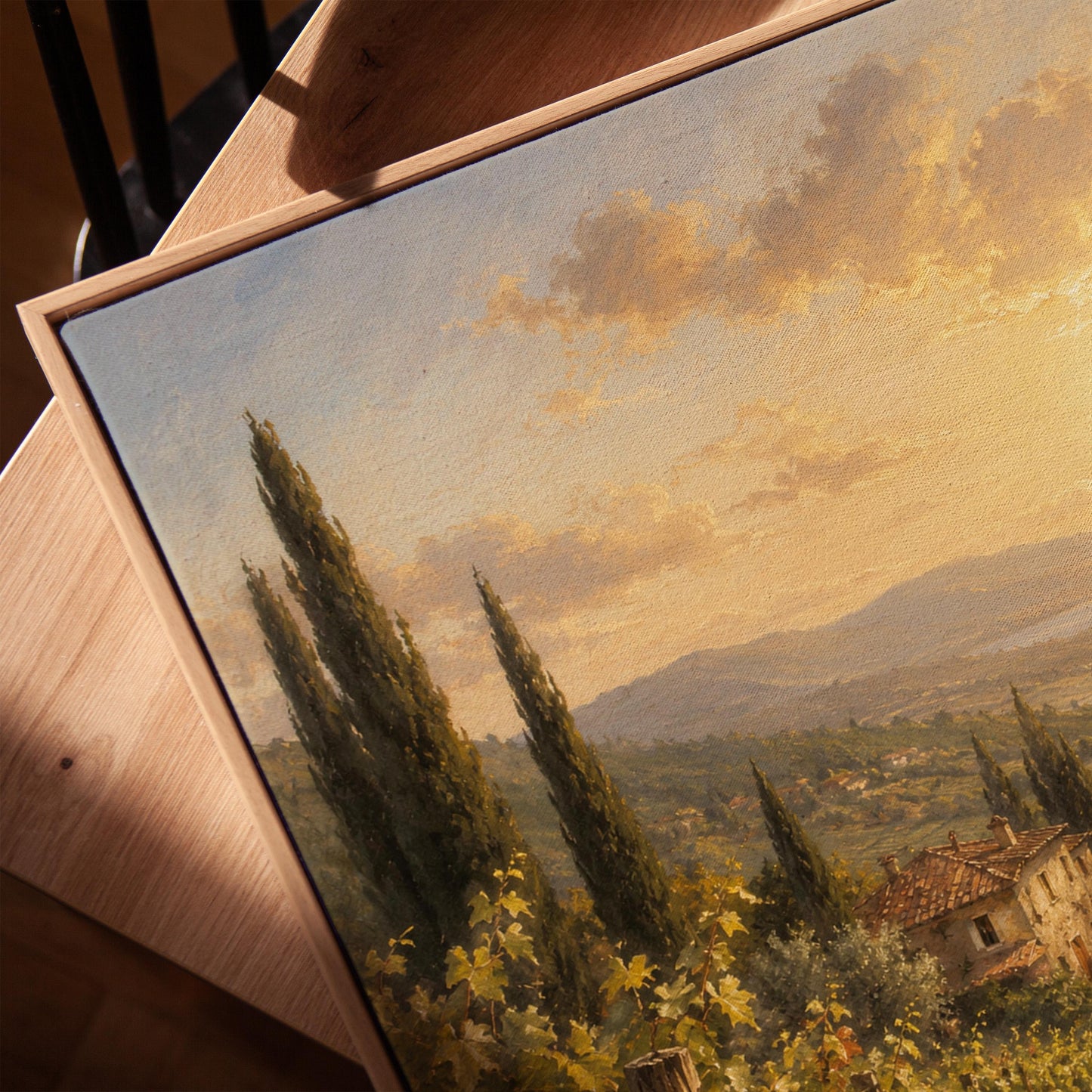 Tuscan vineyard at sunset with a stone farmhouse, canvas print in a warm, minimally styled interior