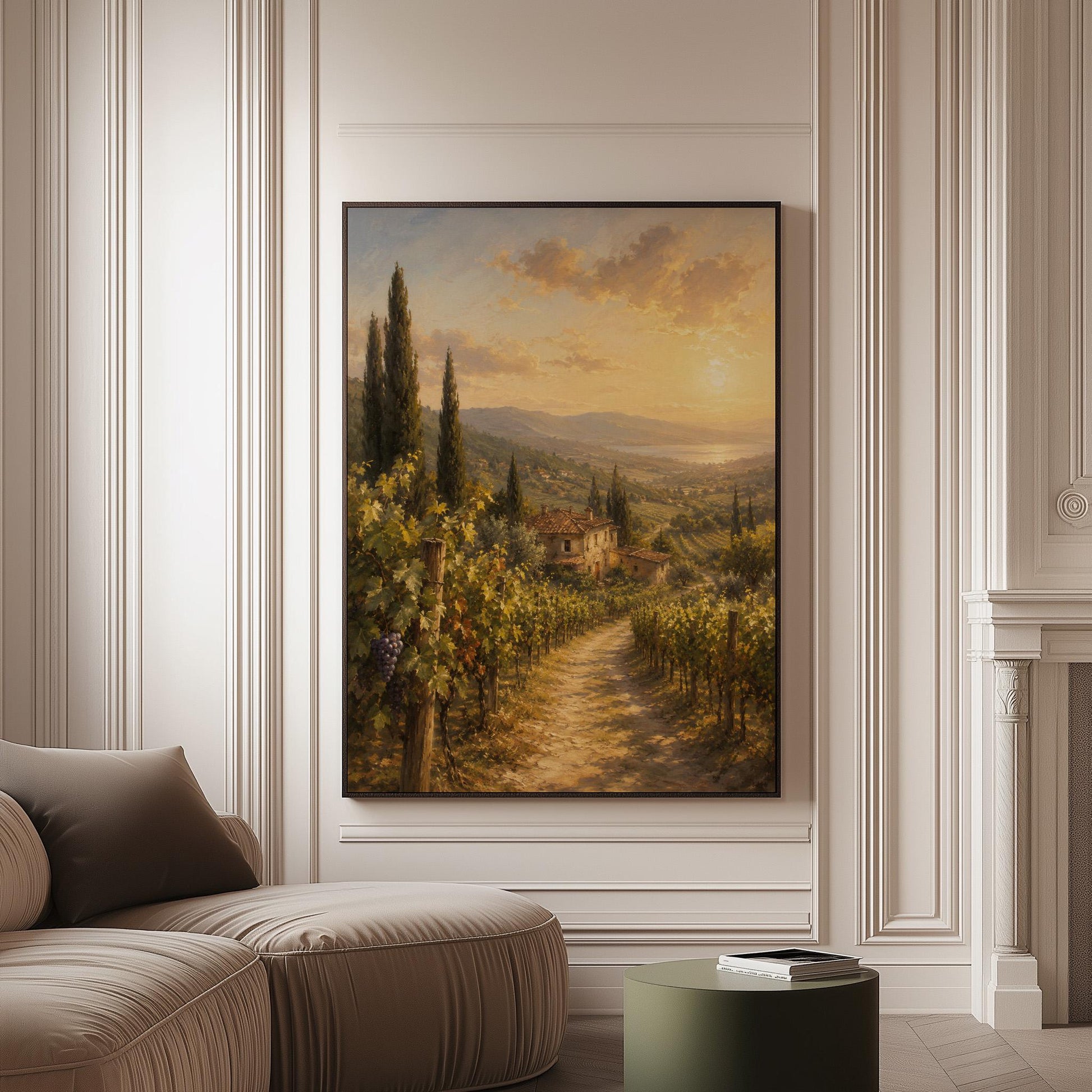 Tuscan vineyard at sunset with a stone farmhouse, canvas print on a softly lit wall in a calm interior
