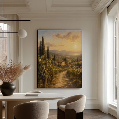Tuscan vineyard at sunset with a stone farmhouse, canvas print displayed on a neutral wall in a styled interior