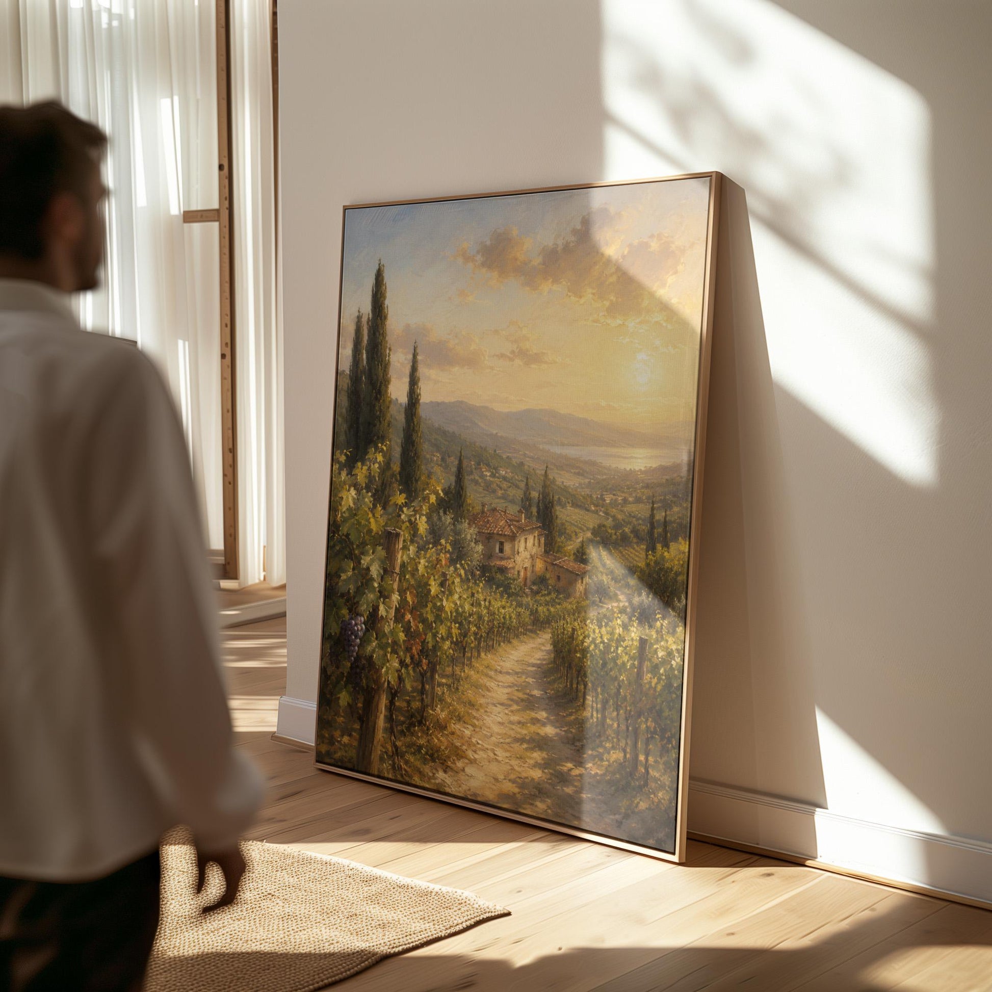 Tuscan vineyard at sunset with a stone farmhouse, canvas wall art seen in a warm interior with natural light
