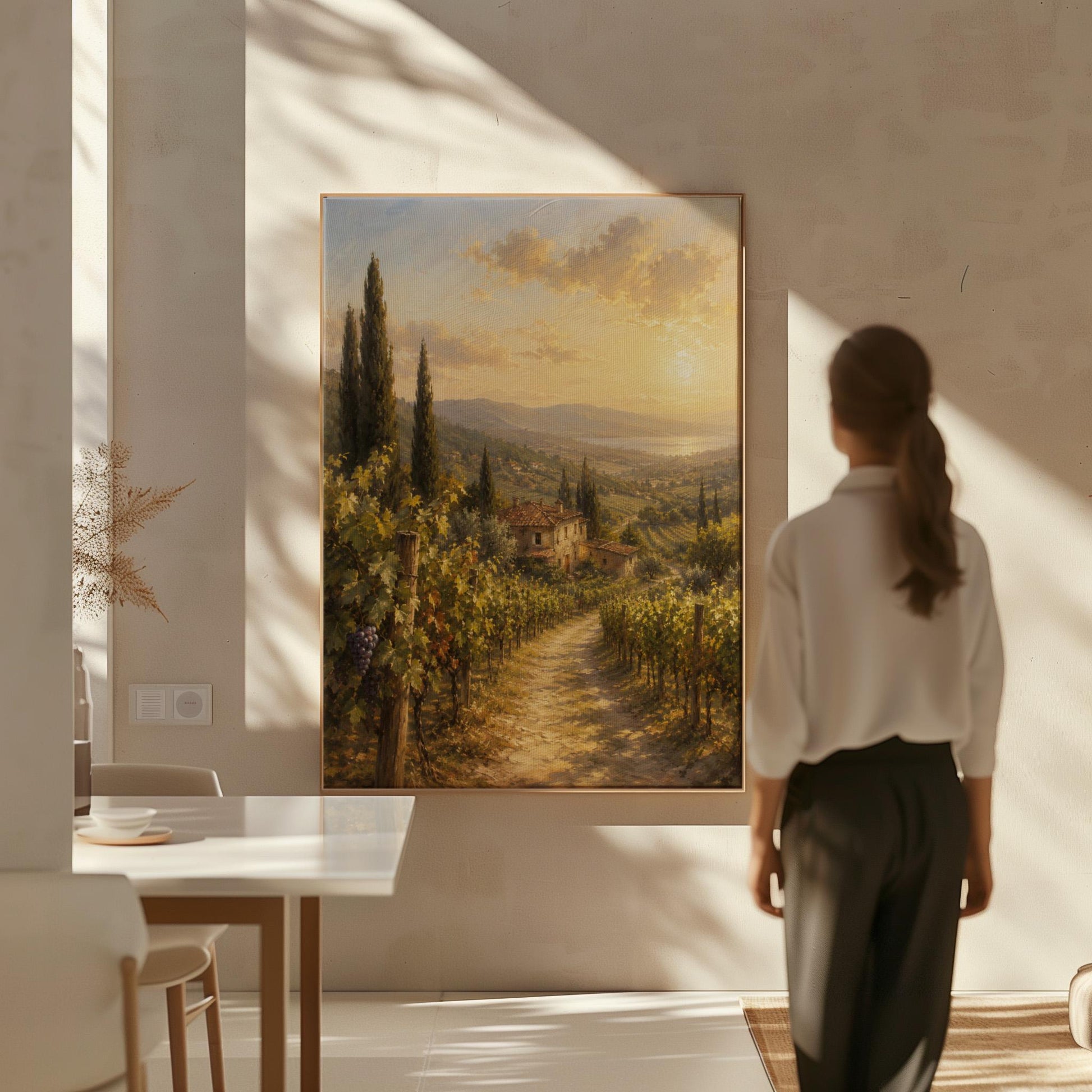 Tuscan vineyard at sunset with a stone farmhouse, canvas wall art on a quiet wall in a considered interior