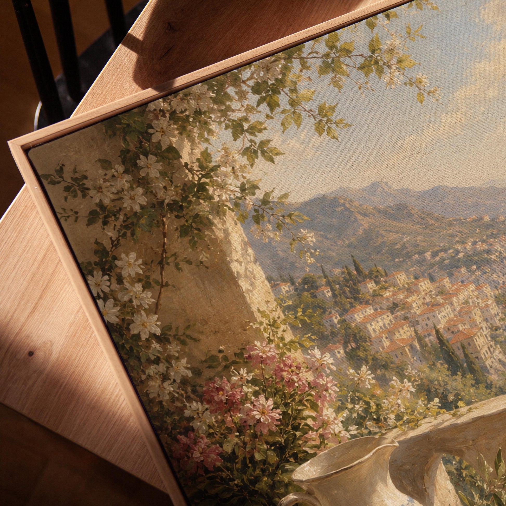 Lemon still life with a ceramic pitcher on an Italian balcony, canvas print in a warm, minimally styled interior
