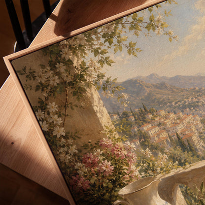 Lemon still life with a ceramic pitcher on an Italian balcony, canvas print in a warm, minimally styled interior