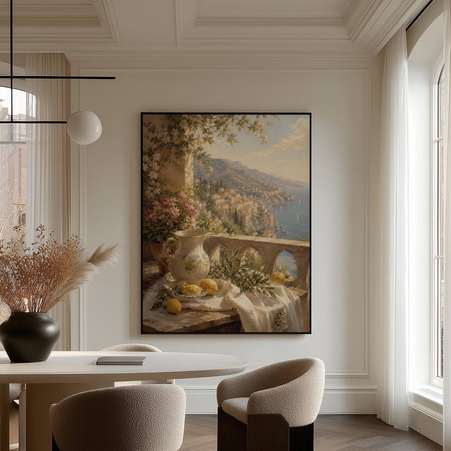 Lemon still life with a ceramic pitcher on an Italian balcony, canvas print on a quiet wall in a considered interior