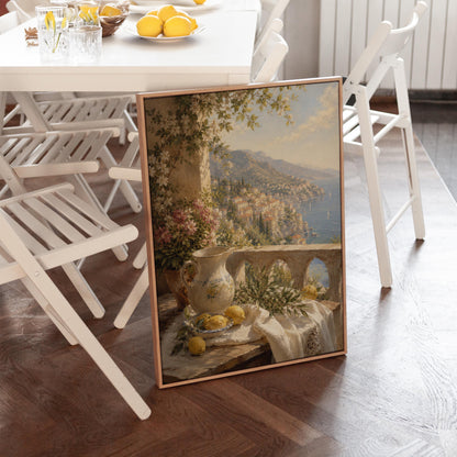 Lemon still life with a ceramic pitcher on an Italian balcony, canvas print shown to scale in a furnished room
