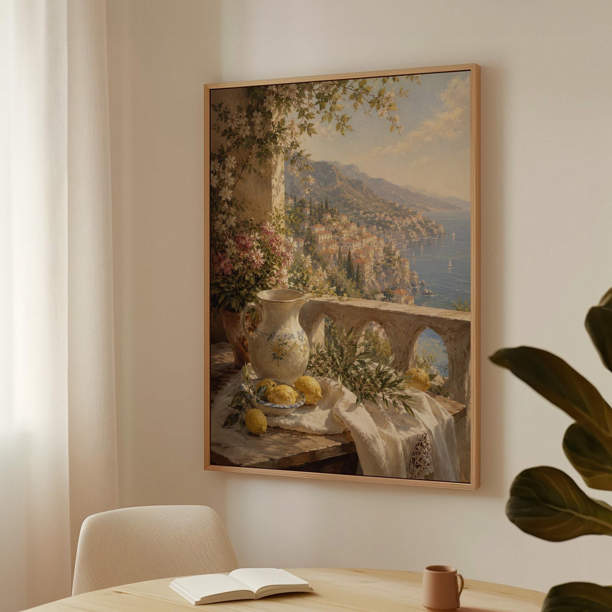 Lemon still life with a ceramic pitcher on an Italian balcony, canvas wall art hanging in a calm, modern living space