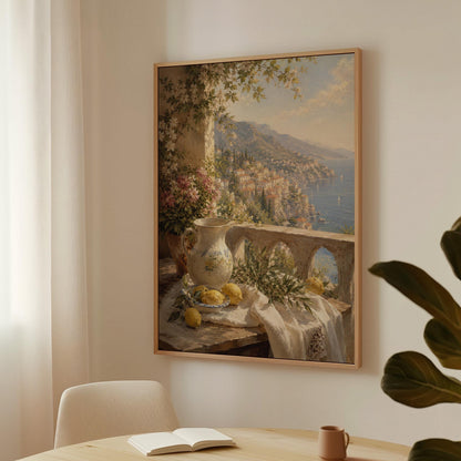 Lemon still life with a ceramic pitcher on an Italian balcony, canvas wall art hanging in a calm, modern living space