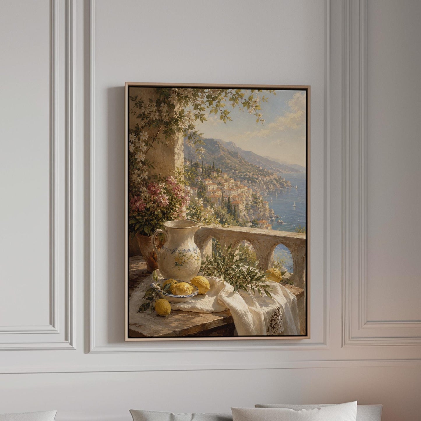 Lemon still life with a ceramic pitcher on an Italian balcony, canvas print in a bright room with natural daylight