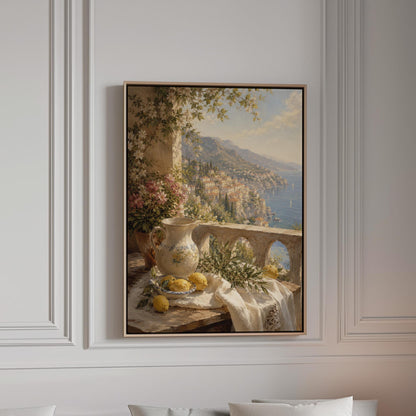 Lemon still life with a ceramic pitcher on an Italian balcony, canvas print in a bright room with natural daylight