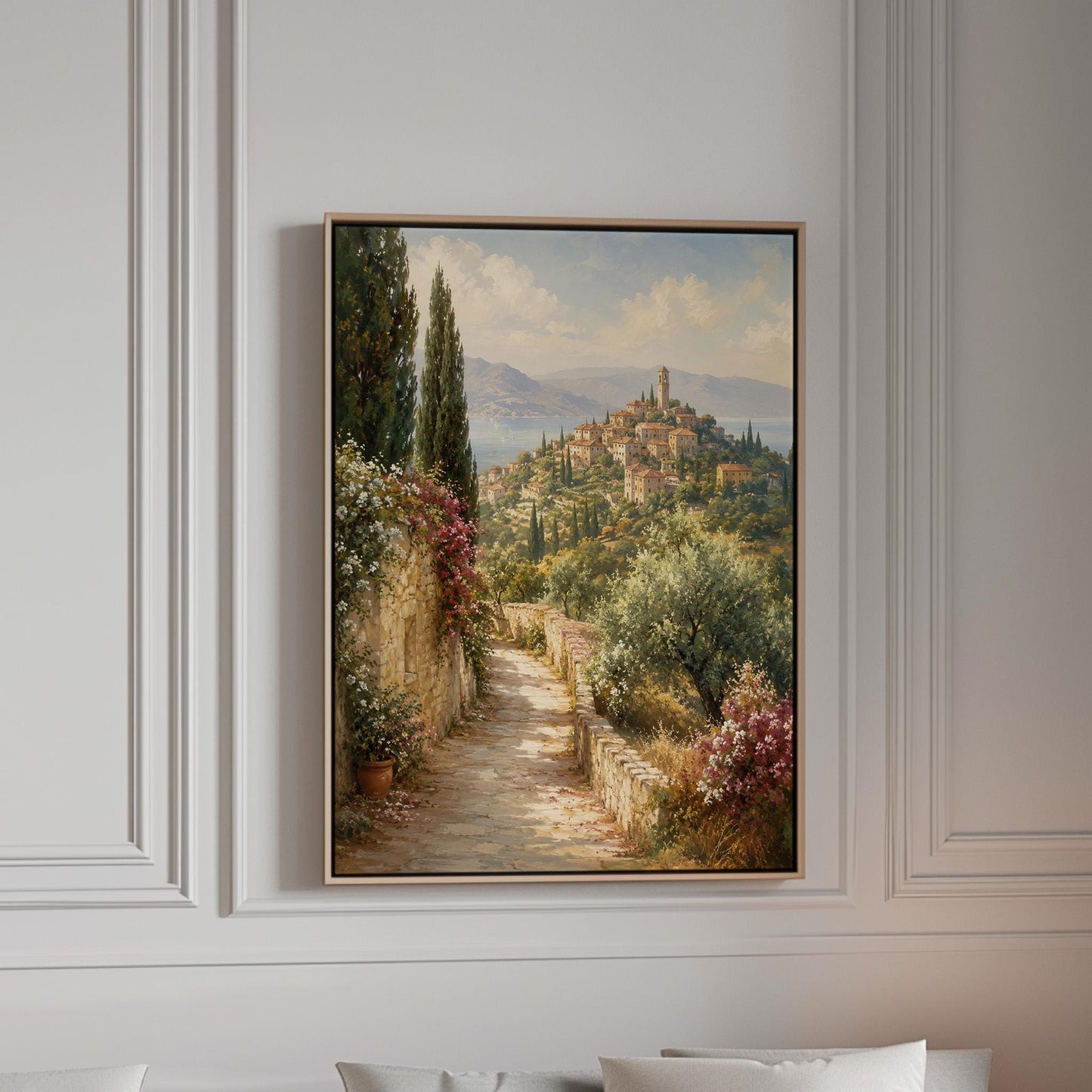 Stone path leading to an Italian hilltop village, canvas print in a bright room with natural daylight