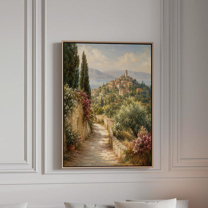 Stone path leading to an Italian hilltop village, canvas print in a bright room with natural daylight