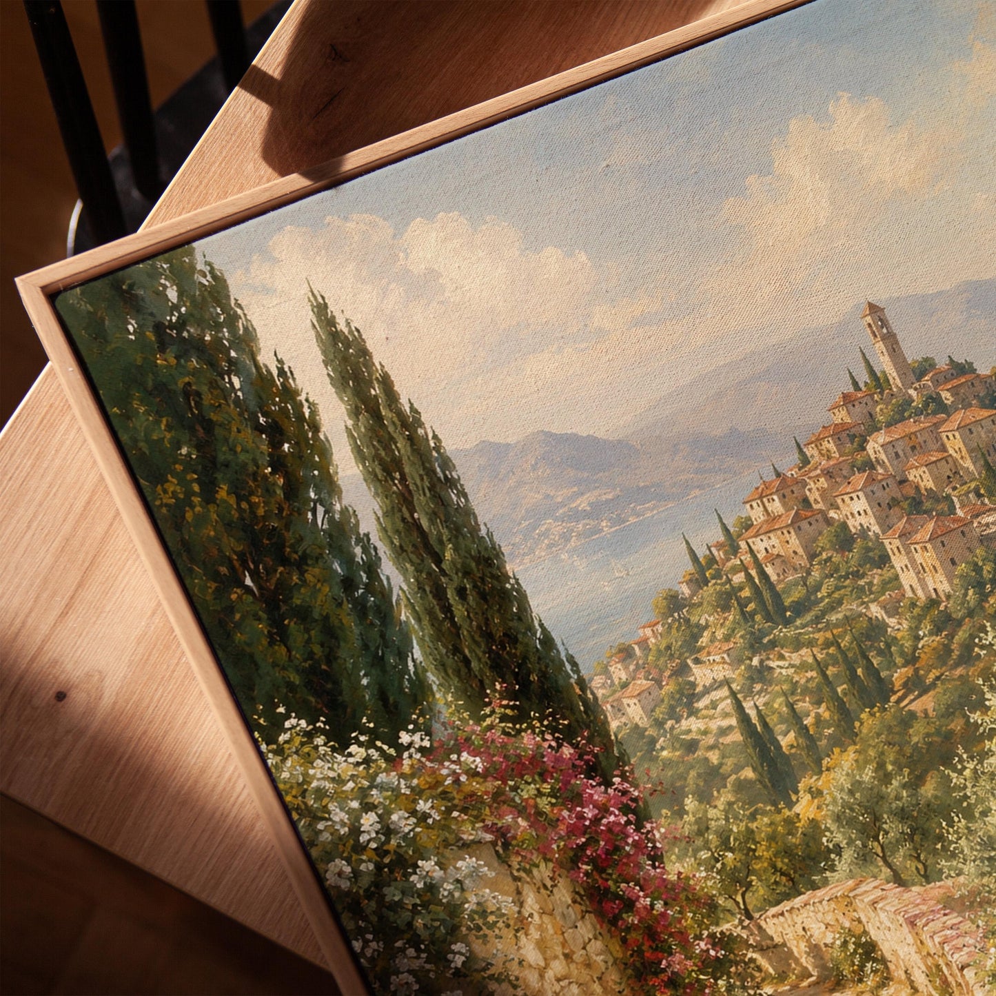Stone path leading to an Italian hilltop village, canvas print in a warm, minimally styled interior