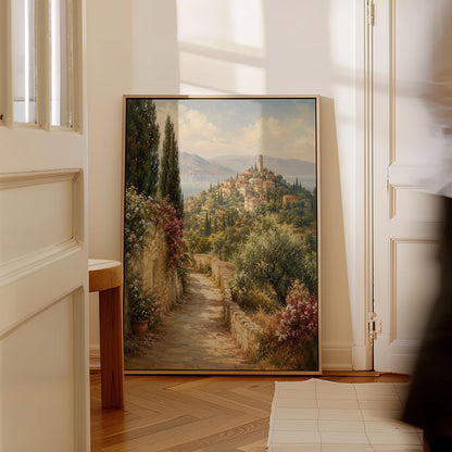 Stone path leading to an Italian hilltop village, canvas print styled against a soft white wall