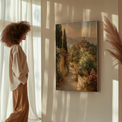 Stone path leading to an Italian hilltop village, canvas print presented in a light, minimal room