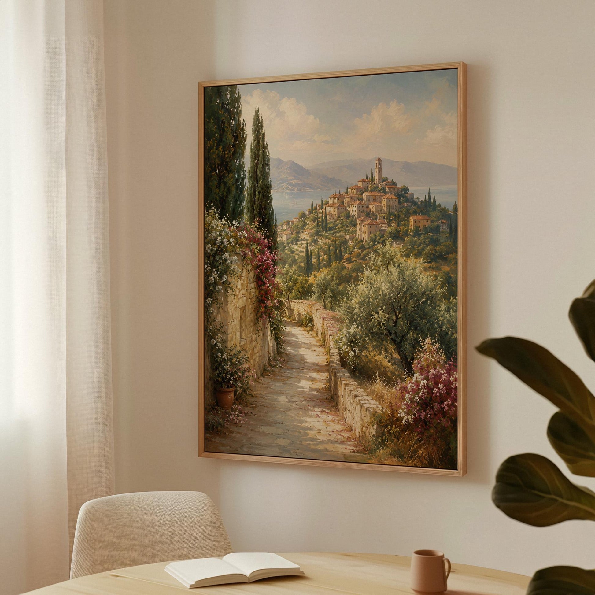 Stone path leading to an Italian hilltop village, canvas print on a quiet wall in a considered interior