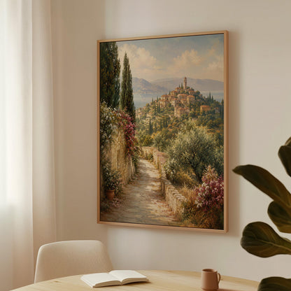 Stone path leading to an Italian hilltop village, canvas print on a quiet wall in a considered interior