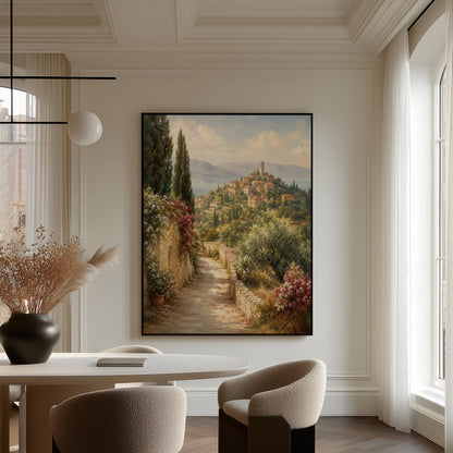 Stone path leading to an Italian hilltop village, canvas print shown to scale in a furnished room