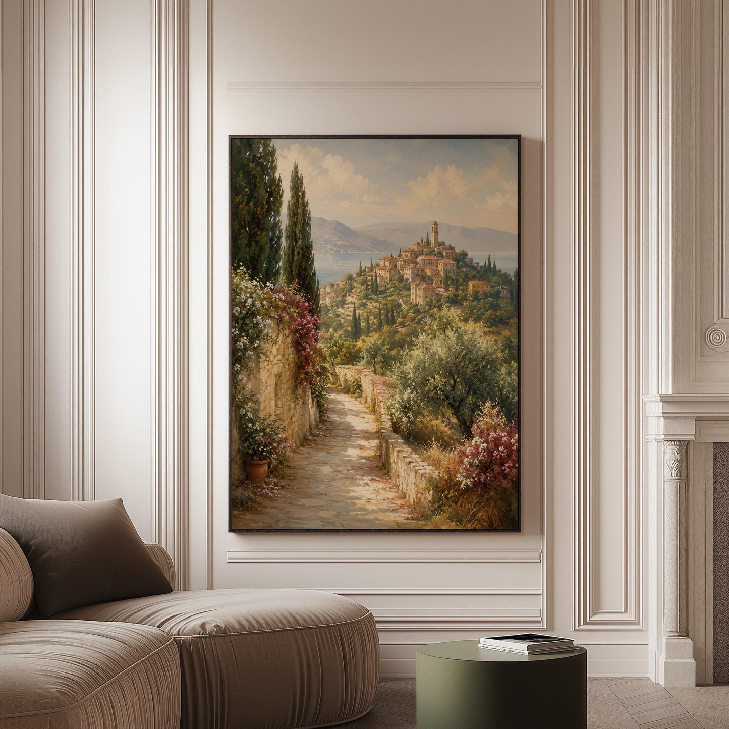 Stone path leading to an Italian hilltop village, canvas print on a softly lit wall in a calm interior