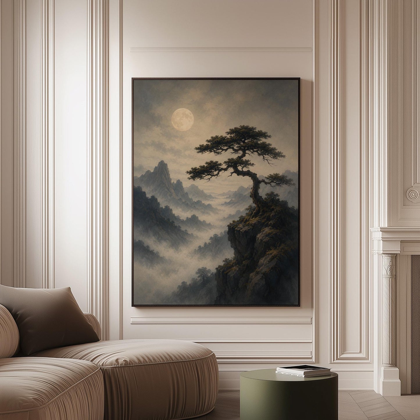 Moonlit misty mountains with a windswept pine tree, canvas print on a softly lit wall in a calm interior