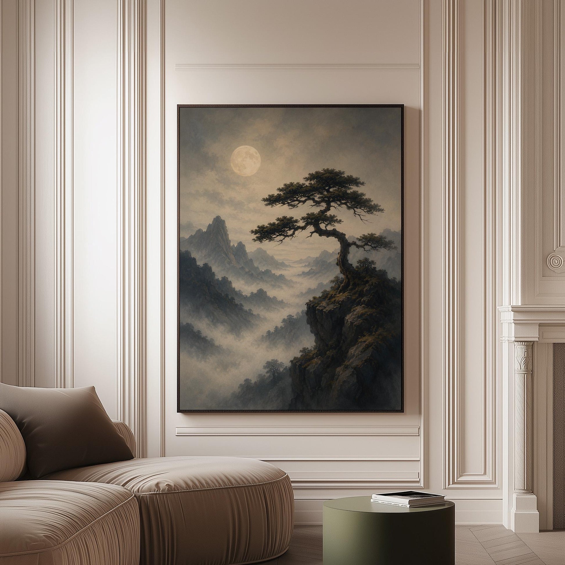 Moonlit misty mountains with a windswept pine tree, canvas print on a softly lit wall in a calm interior