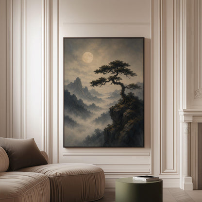 Moonlit misty mountains with a windswept pine tree, canvas print on a softly lit wall in a calm interior