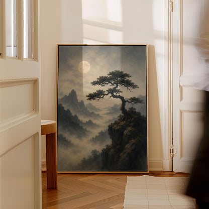 Moonlit misty mountains with a windswept pine tree, canvas print styled against a soft white wall