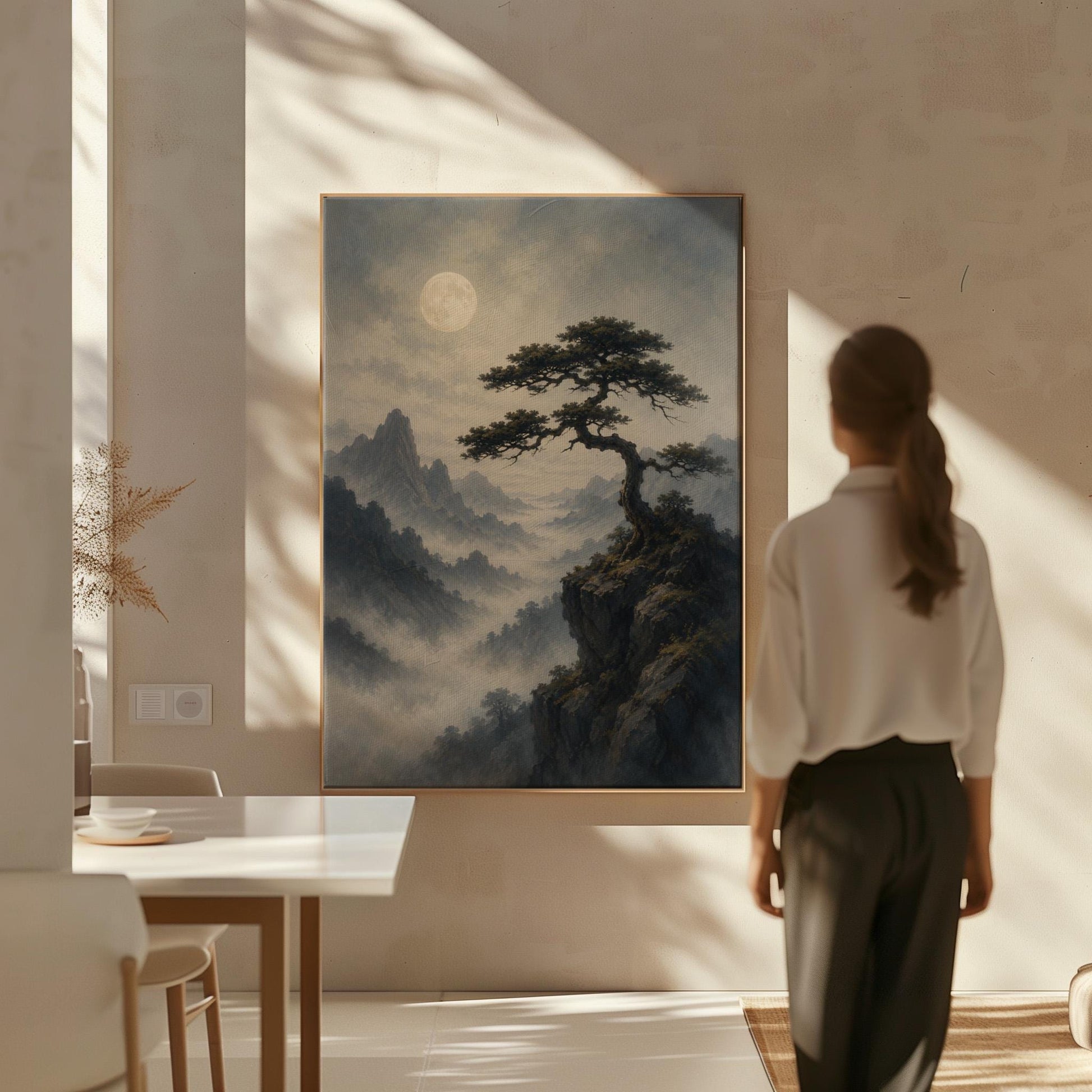 Moonlit misty mountains with a windswept pine tree, canvas wall art styled against a soft white wall