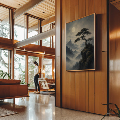 Moonlit misty mountains with a windswept pine tree, canvas wall art presented in a light, minimal room