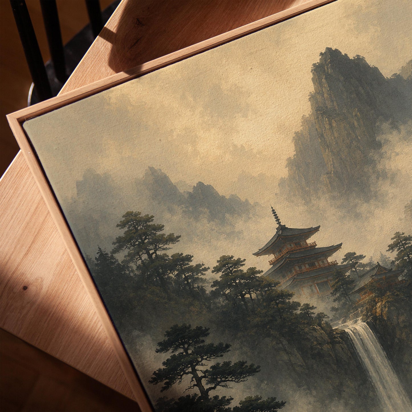 Japanese pagoda above a waterfall in misty pine forest, canvas print in a warm, minimally styled interior