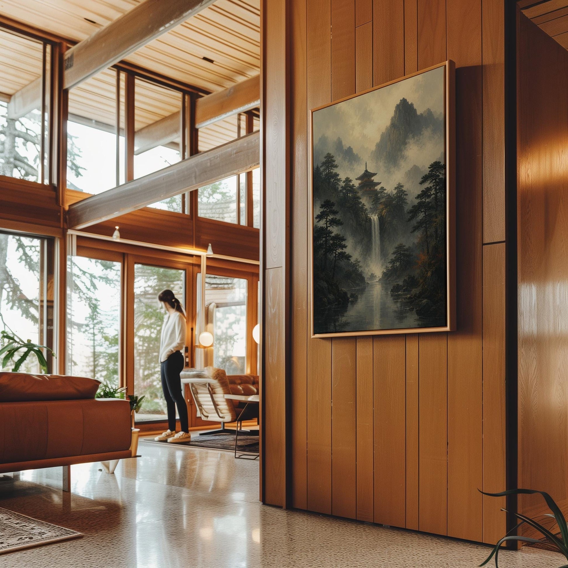 Japanese pagoda above a waterfall in misty pine forest, canvas print shown to scale in a furnished room