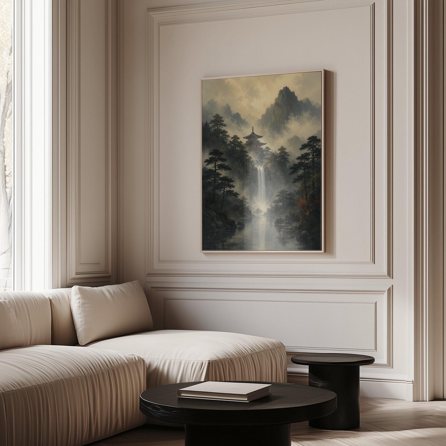 Japanese pagoda above a waterfall in misty pine forest, canvas print displayed on a neutral wall in a styled interior