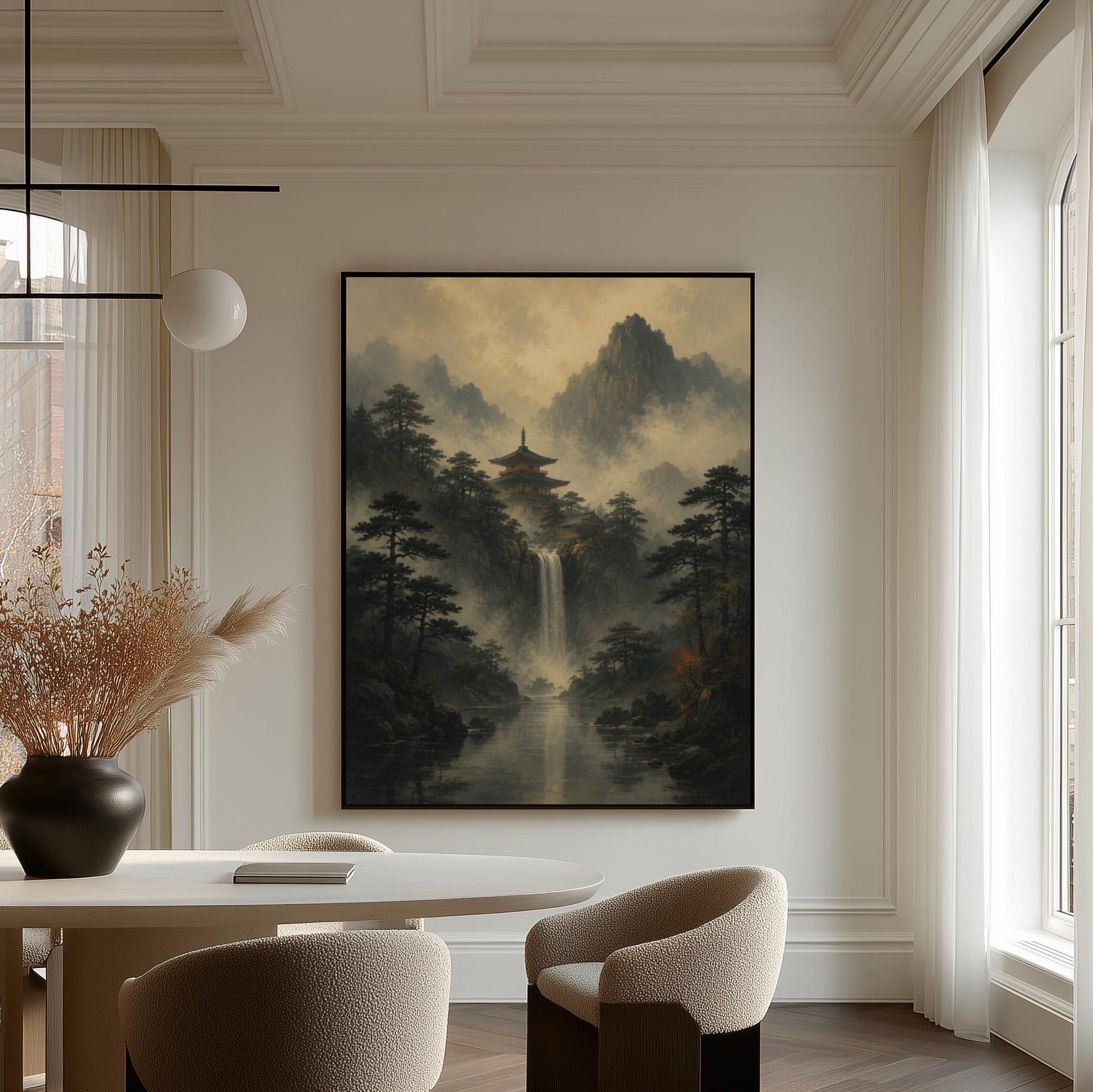 Japanese pagoda above a waterfall in misty pine forest, canvas wall art hanging in a calm, modern living space