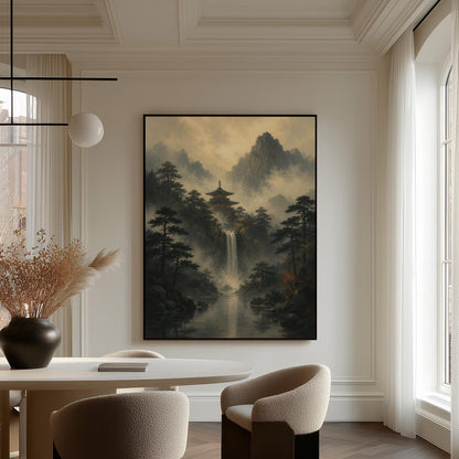 Japanese pagoda above a waterfall in misty pine forest, canvas wall art hanging in a calm, modern living space