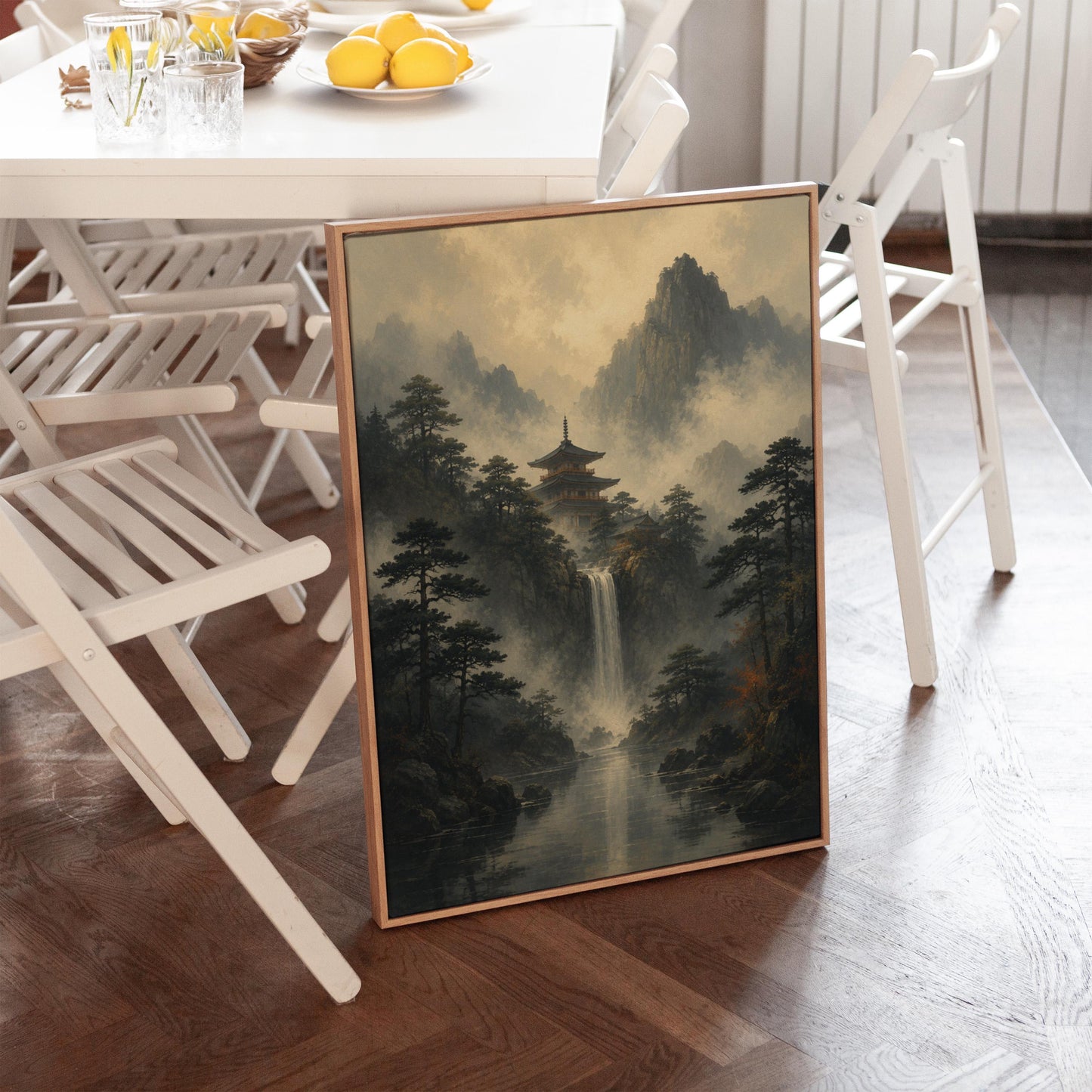 Japanese pagoda above a waterfall in misty pine forest, canvas wall art presented in a light, minimal room