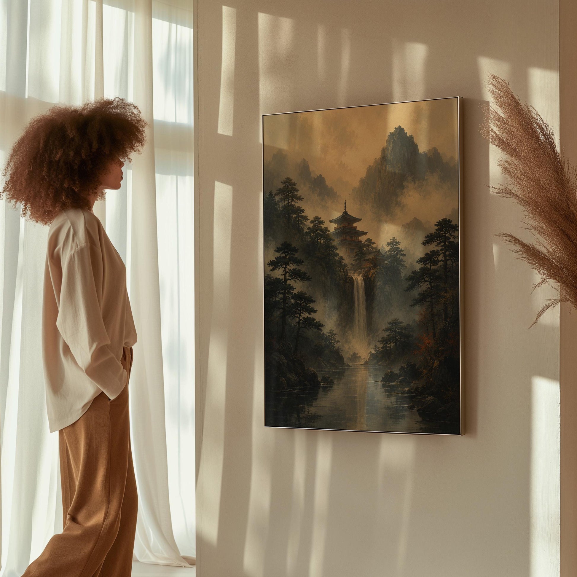 Japanese pagoda above a waterfall in misty pine forest, canvas wall art on a quiet wall in a considered interior