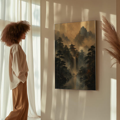 Japanese pagoda above a waterfall in misty pine forest, canvas wall art on a quiet wall in a considered interior