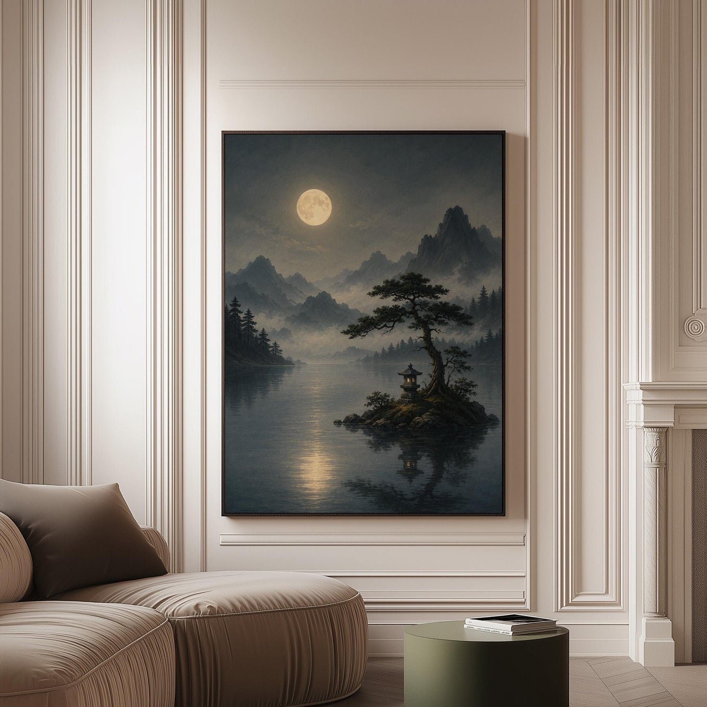 Moonlit lake with a stone lantern on a small island, canvas print on a softly lit wall in a calm interior