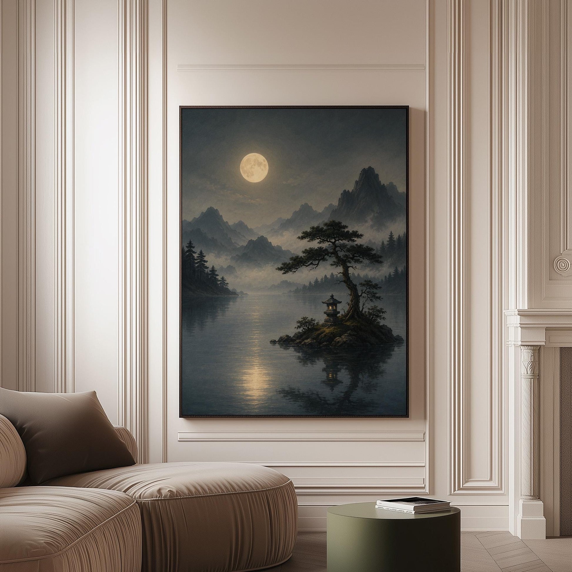 Moonlit lake with a stone lantern on a small island, canvas print on a softly lit wall in a calm interior