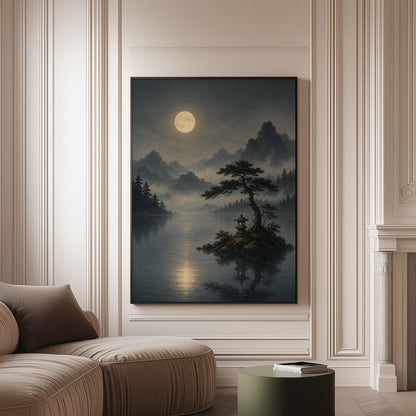 Moonlit lake with a stone lantern on a small island, canvas print on a softly lit wall in a calm interior