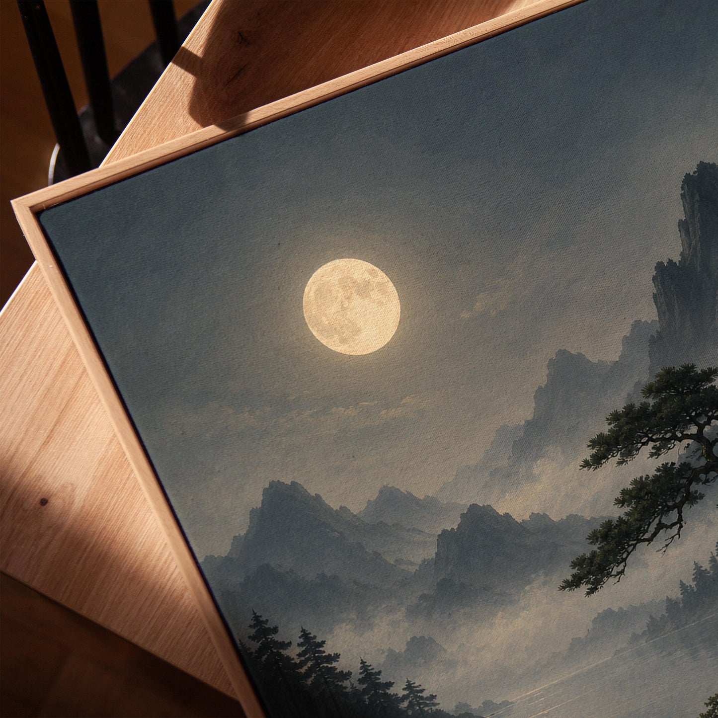Moonlit lake with a stone lantern on a small island, canvas print in a warm, minimally styled interior